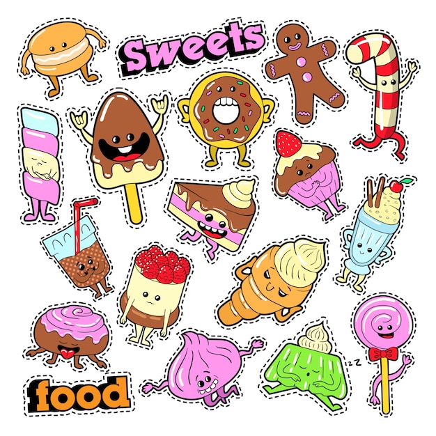 Vector funny dessert characters facial emoji for badges, patches, stickers. vector doodle