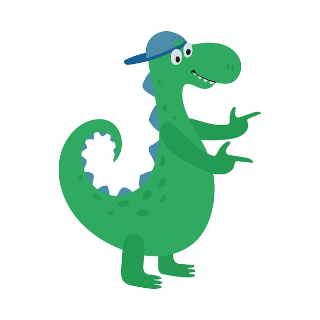 Funny dinosaur dances in a cap in cartoon style isolated on a white background Bright cute animal characters for kids Vector illustration