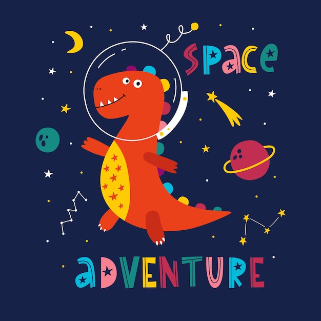 Funny dinosaur in space Cute dinosaur cosmonaut Dinosaur in outer space