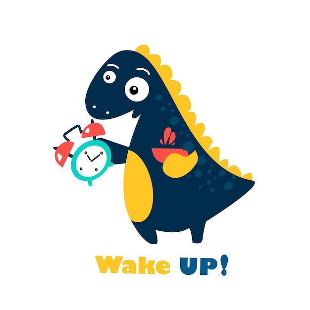 Funny dinosaur with clock and tea Wake up