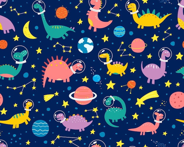 Funny dinosaurs in a spacesuit in space with planets. Pattern.