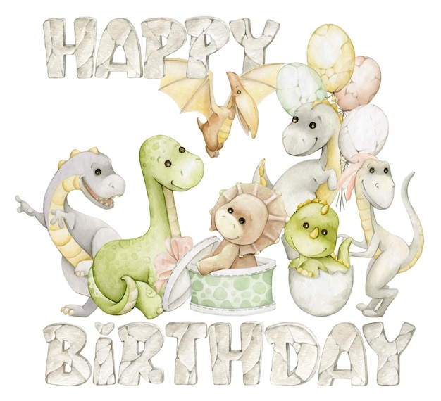 Funny dinosaurs with balloons and gifts Text happy birthday letters stone texture Watercolor clipart on an isolated background