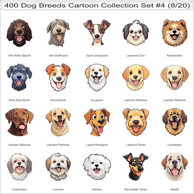 Vector funny dog breeds cartoon characters cute dogs bundle collection set 4 of 400 dog faces part 8