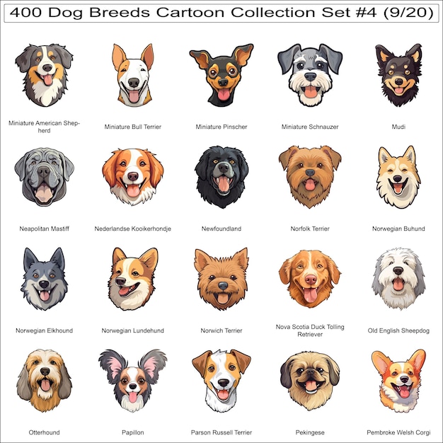 Vector funny dog breeds cartoon characters cute dogs bundle collection set 4 of 400 dog faces part 9