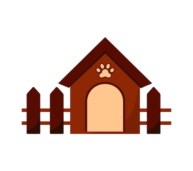 Funny doghouse wooden kennel in cartoon style isolated on white background Comic childish construction with roof and wooden fence Vector illustration