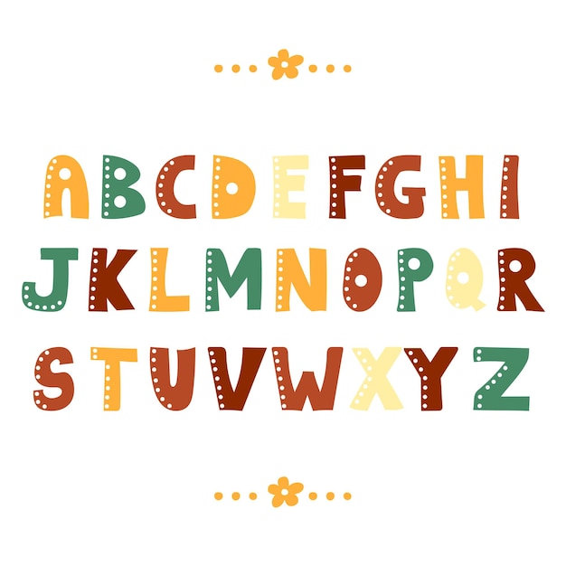 Funny doodle alphabet. Colorful creative design ABC hand drawn cartoon letters