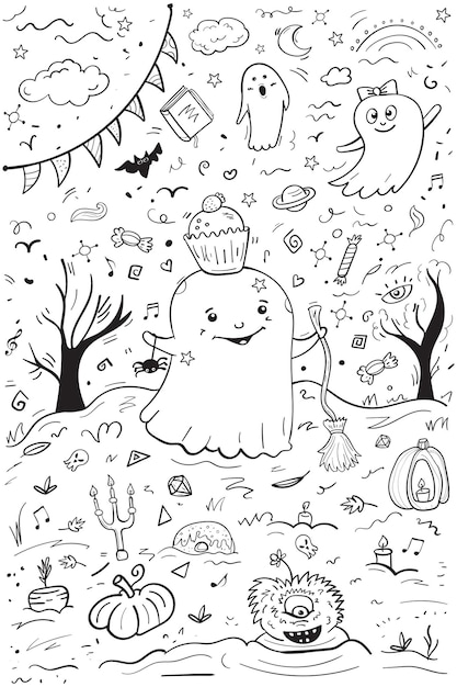 Funny doodle Ghost in autumn forest cheerful Halloween