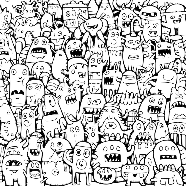 funny doodle monster pattern for coloring book or page