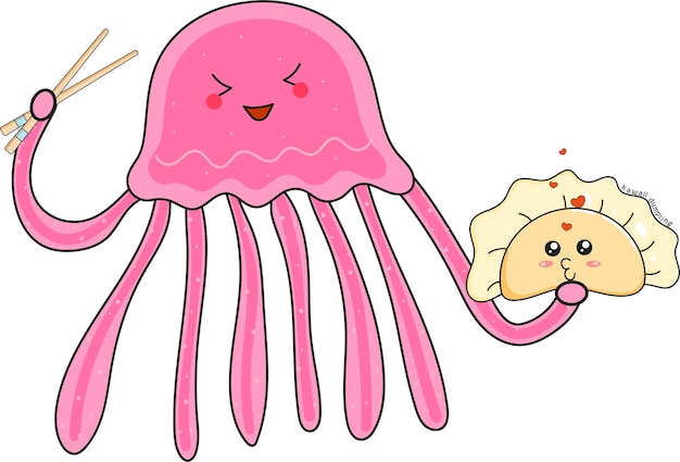 Funny dumpling and cute jellyfish in the style of kawaii