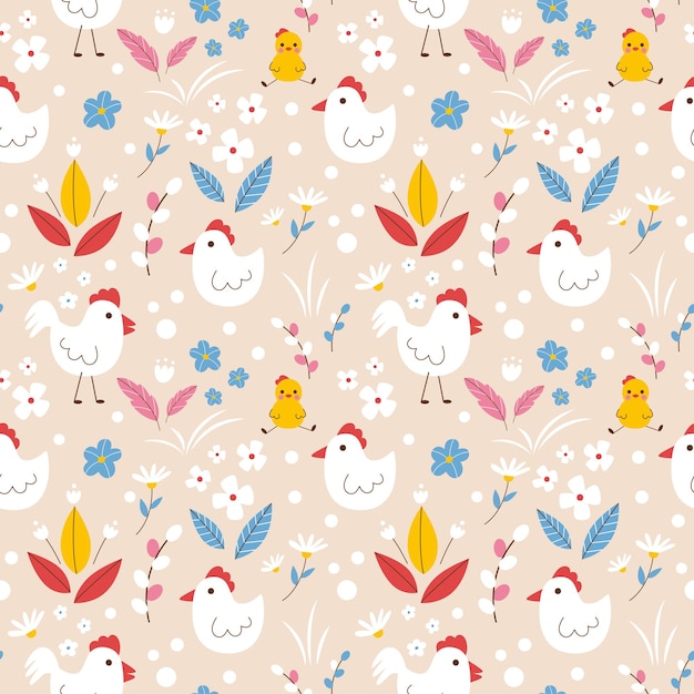 Funny Easter print with chicken and rooster on blooming meadow Cute seamless vector pattern