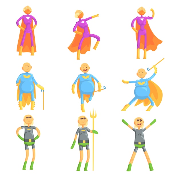 Funny elderly men in superman costume, old superhero in action cartoon characters set of  Illustrations