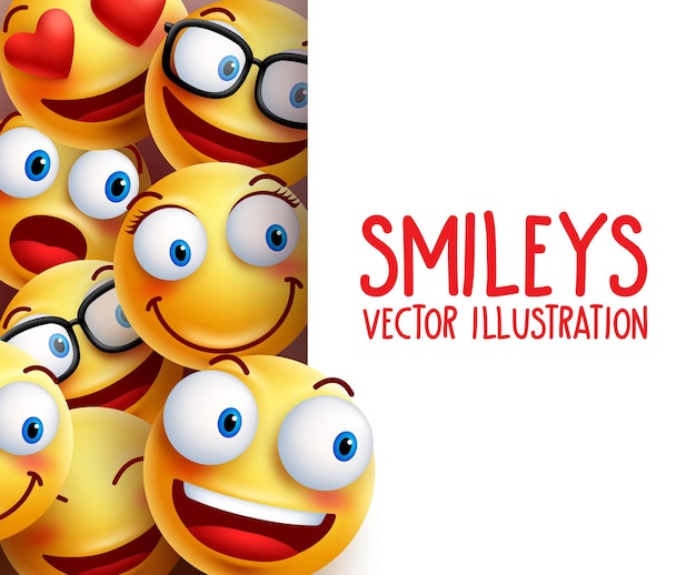 Funny emoji face vector characters happy smiling in the background