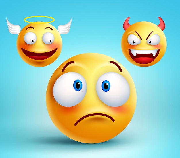 Funny emoji vector character thinking choice between good angel and bad demon