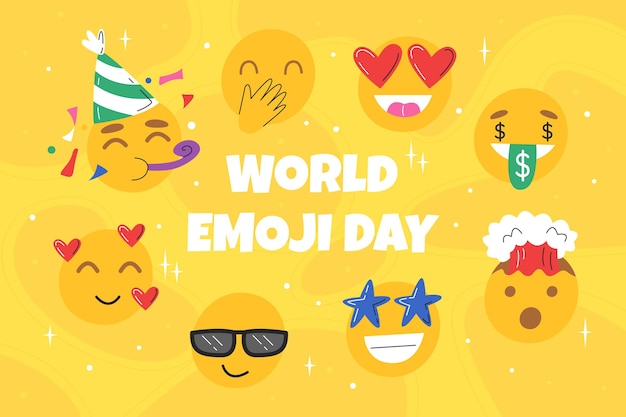 Funny emoji with facial expressions on yellow background Happy world emoji day Communication icons