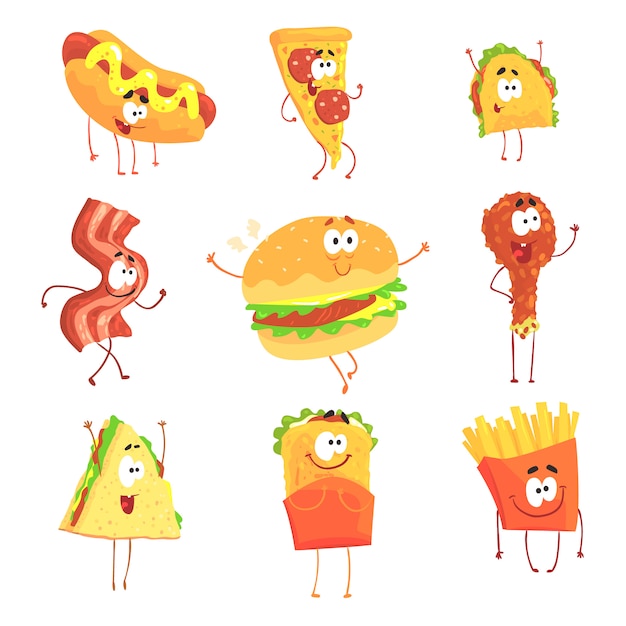 Vector funny fast food, set for label design. cartoon detailed illustrations 