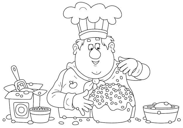 Funny fat cook confectioner standing at his kitchen work table and decorating a fancy cake