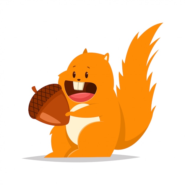 Funny fat squirrel with a nut. Vector cartoon flat character of forest animal.