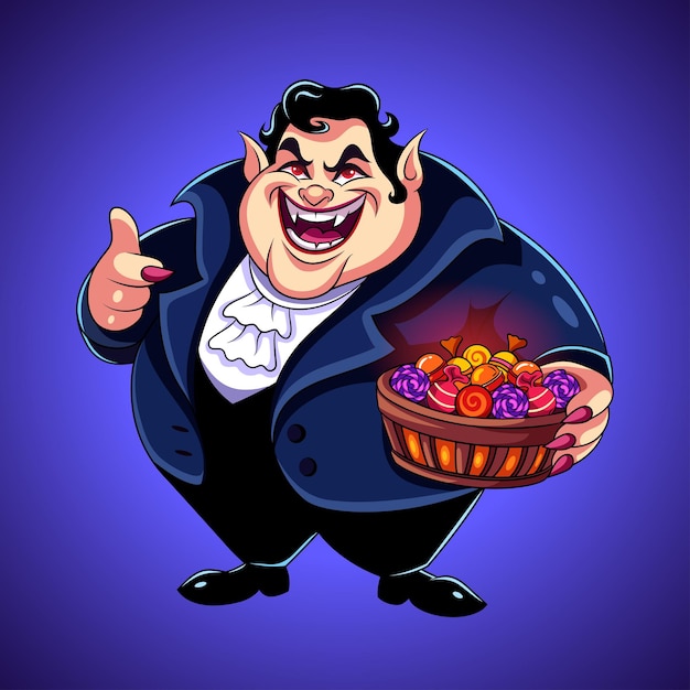 Funny fat vampire Dracula cartoon character illustration for Halloween