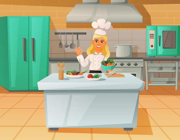 Funny female chef cartoon character preparing various dishes for visitors in restaurant kitchen vector illustration