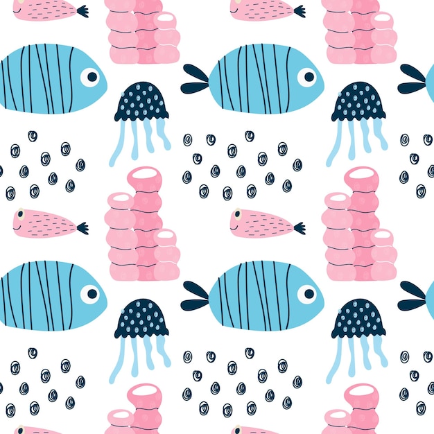 Funny fish seamless children's pattern Creative scandinavian baby texture for wallpaper clothes fabric packaging textile Vector illustration background hand drawn