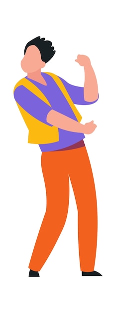 Funny flat dancing man Cute male character at disco waving arms and legs to music Human leisure activity and weekend rest in club Young dancer at birthday party vector illustration