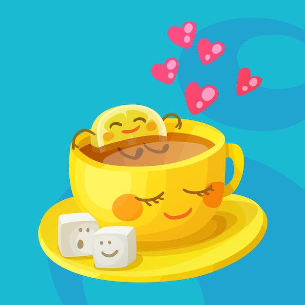 Funny food characters cup of tea lemon and sugar