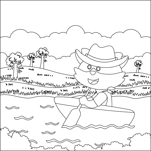 Funny fox cartoon vector on little boat with cartoon style Coloring book or page