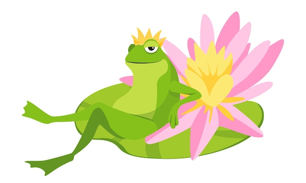 Funny Frog in Gold Crown Relax in Confident Pose with Crossed Legs on Water Lily Leaf with Beautiful Flower. Queen Toad Fairy Tale Cartoon Character, Book or Game Personage. Vector Illustration