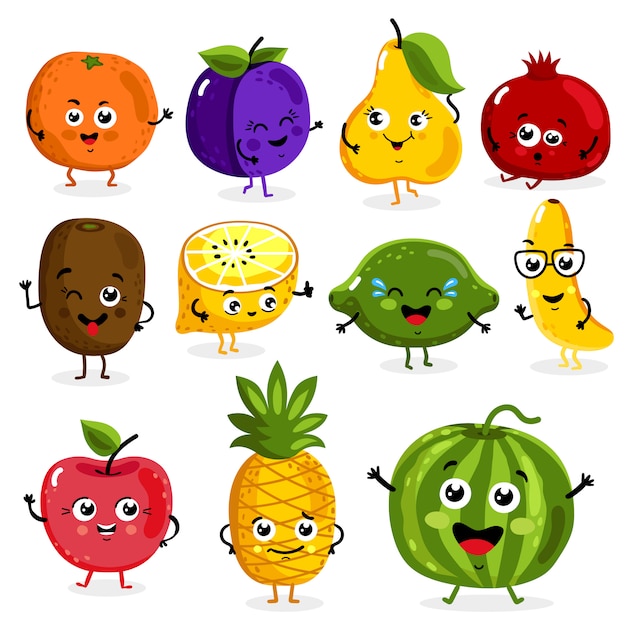 Funny fruit characters cartoon isolated