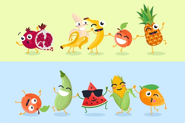 Funny fruit and vegetables - set of vector cartoon characters illustrations on yellow and blue background. Cute emoji of pomegranate, watermelon, corn, zucchini. High quality collection of emoticons