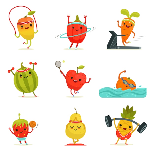 Funny fruits make fitness exercises