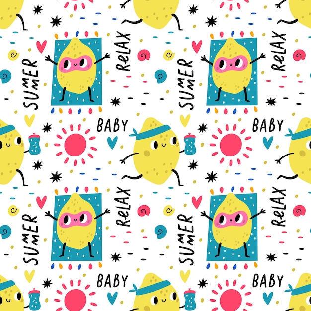 Funny fruits seamless pattern Cute hand drawn yellow lemons with water bottle and beach mat Tropical summer juicy citruses Happy sunbathing characters Summertime relaxation Vector background