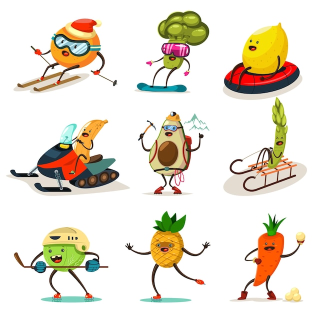 Funny fruits and vegetables are engaged in winter sports. Skiing, snowboarding, snowmobiling, hockey, skating on ice, climbing. Cute food cartoon character vector set isolated on a white background.