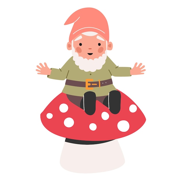 Funny Garden Gnome Sitting on Fly Agaric Mushroom. Fairy Tale Personage Isolated on White Background. Cute Elf Character