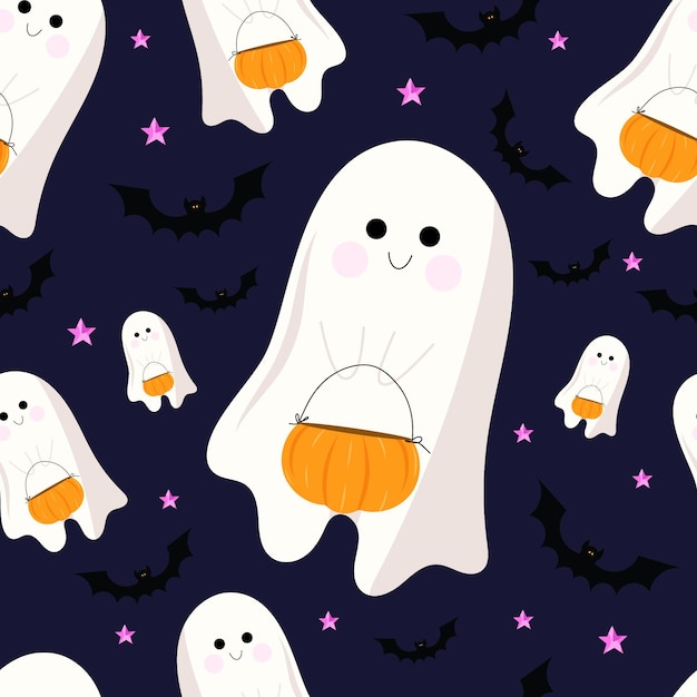 Vector funny ghost with pumpkin basket for candies pattern on dark blue isolated background