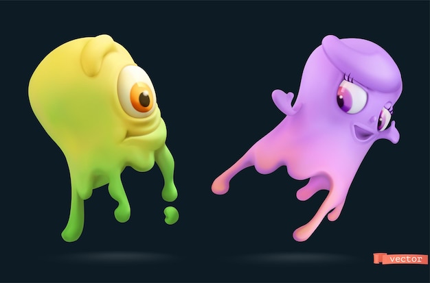 Funny ghosts, slime monsters. Halloween holiday 3d vector cartoon icon