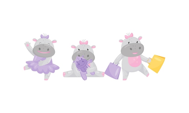 Vector funny girl hippopotamus wearing bow on her head dancing and playing with doll vector set