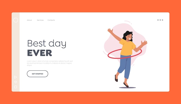 Funny Girl Rolling Hula Hoop Landing Page TemplateYoung Female Character Playing Spin and Twist Ring around the Waist