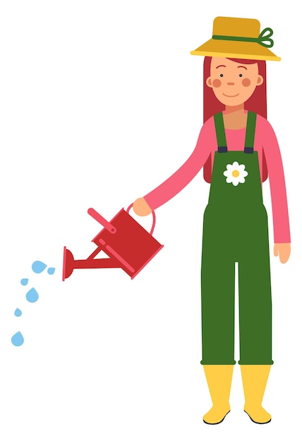 Funny girl watering plant with can Gardening character