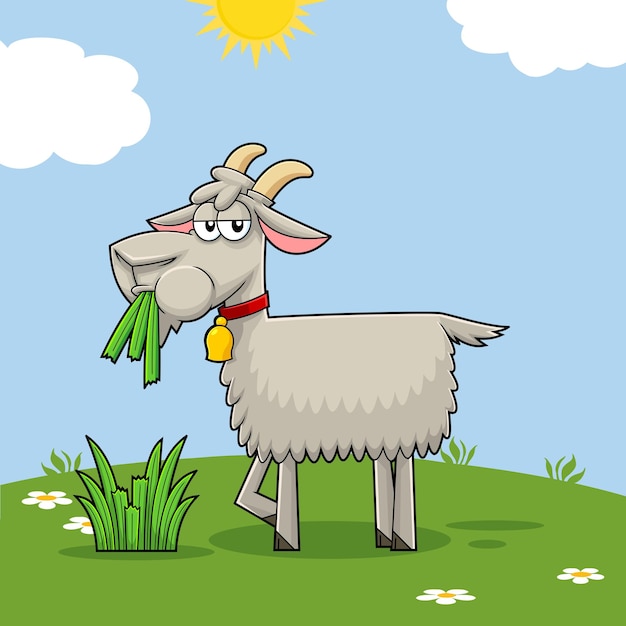 Funny Goat Cartoon Character Eating A Grass On A Hill Vector Hand Drawn Illustration