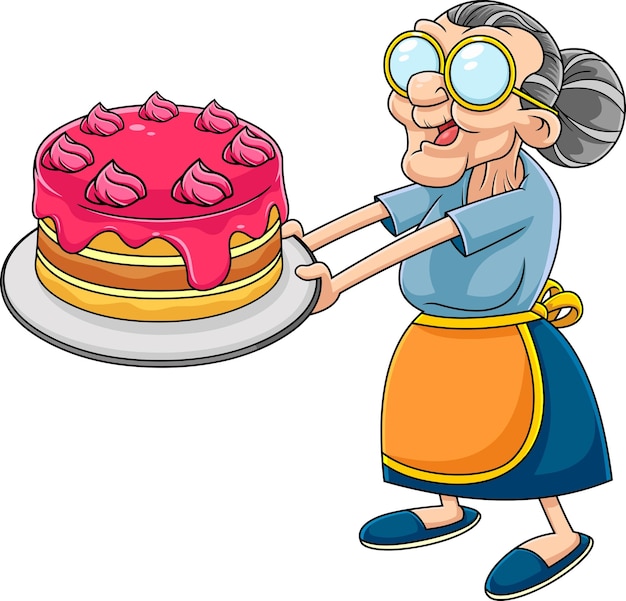 Funny Grandma Cartoon Character With Homemade Cake Vector Hand Drawn Illustration