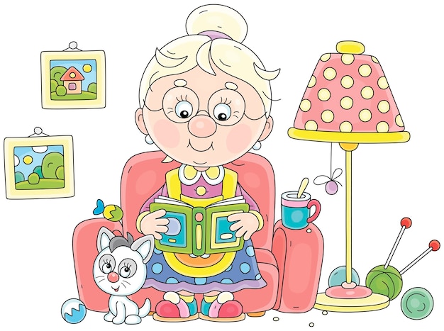 Funny grandma sitting in a cosy armchair near a floor lamp and reading an interesting story book