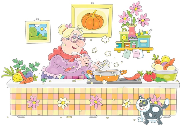 Funny granny and her cat cooking a tasty soup with vegetables and spices in a cozy village kitchen