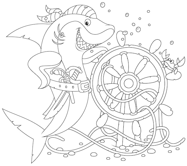 Funny great white shark pirate with a pistol, a saber and a steering wheel from an old sunken ship