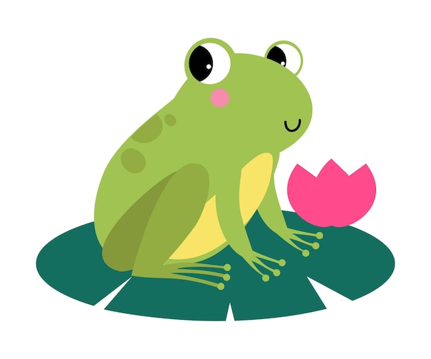 Vector funny green frog with protruding eyes sitting on leaf of waterlily flower vector illustration