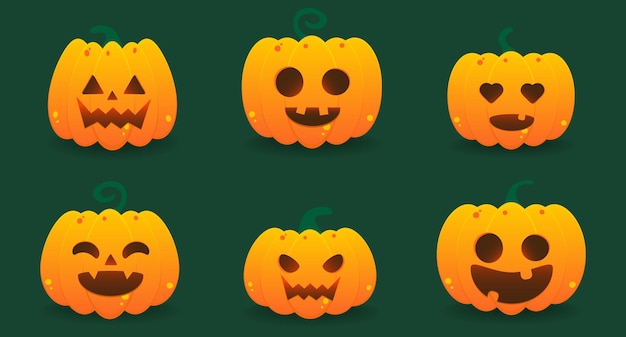 Funny Halloween orange pumpkin lantern set on dark green background vector illustration