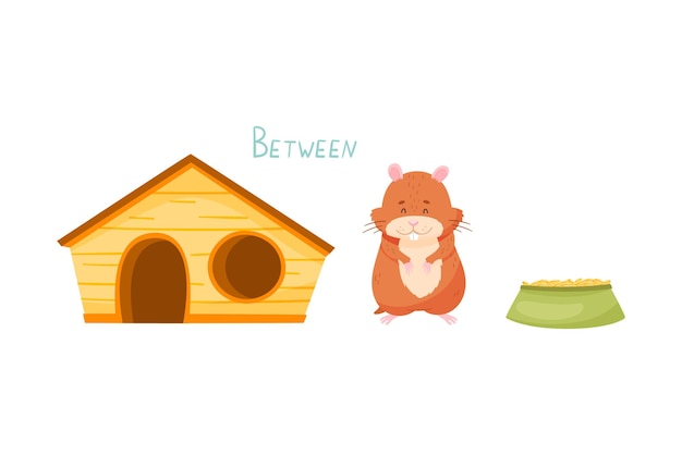 Vector funny hamster standing between wooden house and feeder showing preposition of place vector illustration