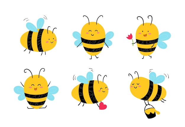 Funny hand drawn cute honey bees Flying insect collection Vector illustration