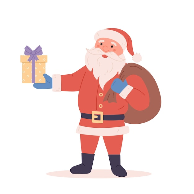 Funny happy Santa Claus character with gift bag with presents The Symbol Of Christmas