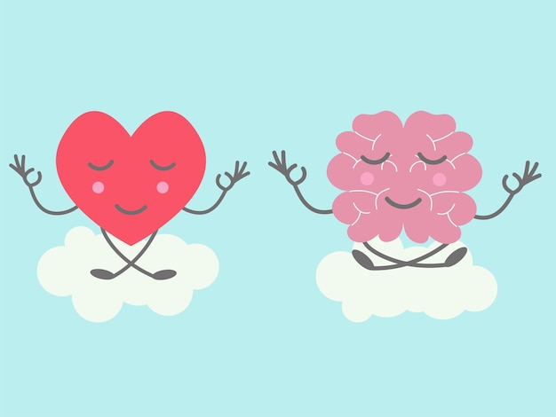 Funny heart and smiling brain meditation Balance of mind and feelings concept Flat vector illustra